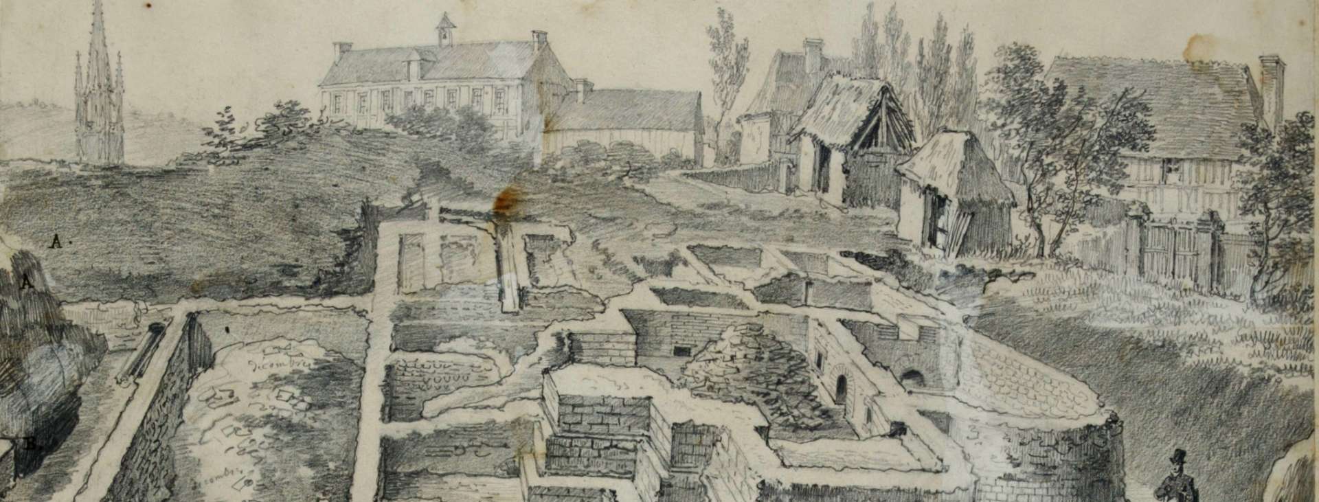 Dessin des vestiges de la rue des Bains, réalisé en 1828 par Eustache-Hyacinthe Langlois