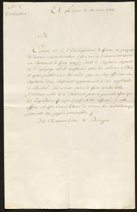 Lettre de l’Ambassade de France à Londres résumant l’affaire, Londres, 28 mars 1789