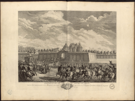 Arrivée du Roy au Havre de Grace dont les clefs sont présentées à Sa Majesté à son entrée par le Duc de Saint-Aignan, gouverneur, à la tête des Magistrats, le 19 septembre 1749
