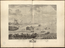 Le Roy étant sur la plage de la rade du Havre voit lancer 3 navires à la mer et représenter un combat naval, le 20 septembre 1749.