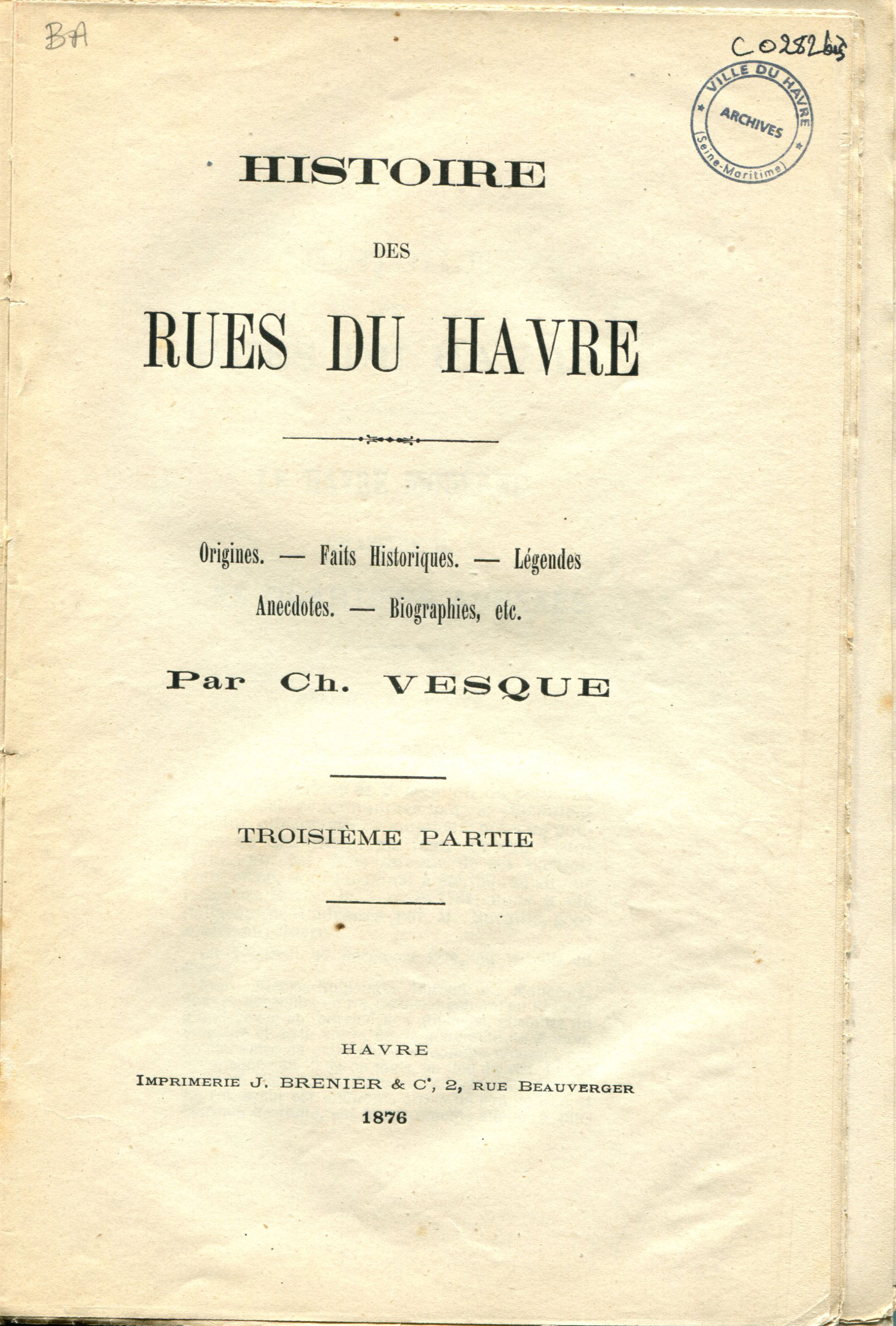 Page de titre de l'histoire des rues du Havre de Charles Vesque