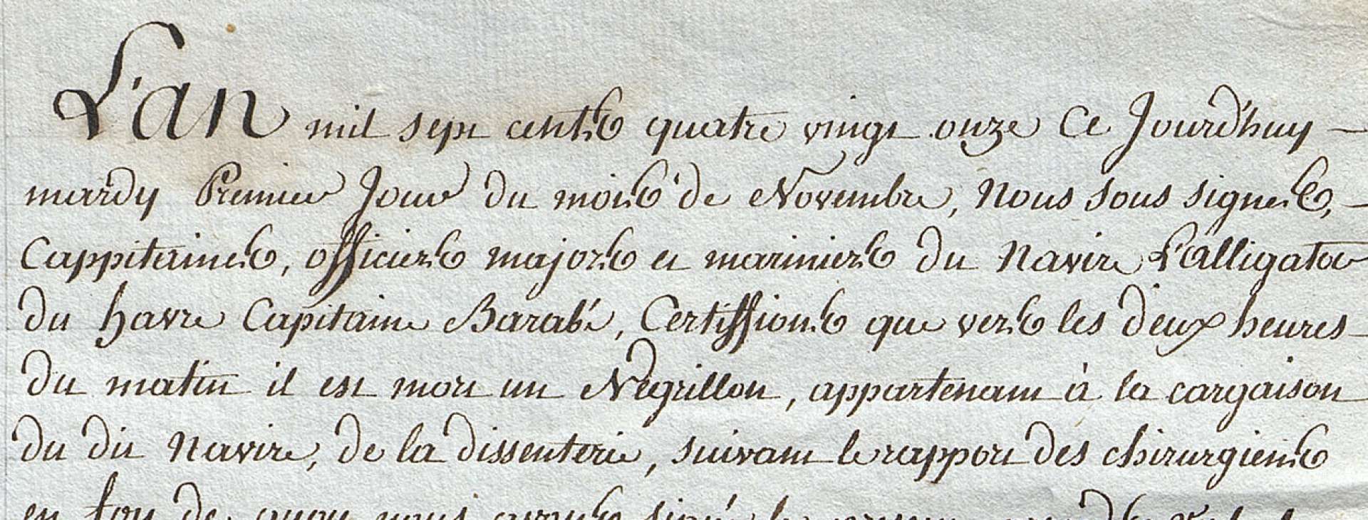 Un certificat de décès d’un enfant sur le navire L’Alligator (1791-1792). 49Z150.