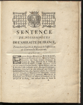 Sentence de nosseigneurs de l’Amirauté de France portant homologation du règlement de l’Association de Commerce-maritime, 3 avril 1767